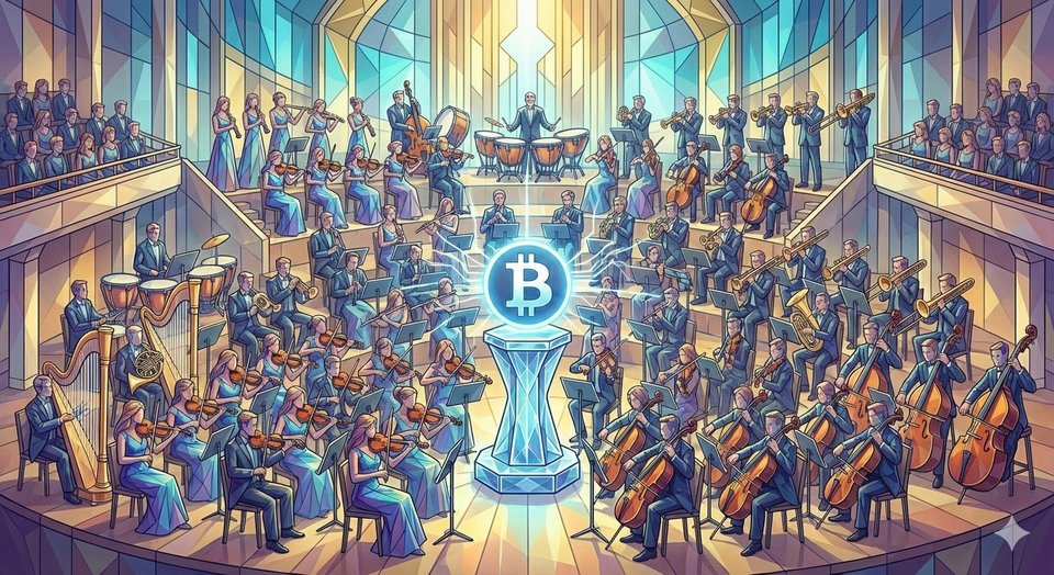 Abstract illustration of a conductor-less orchestra, generated by AI.