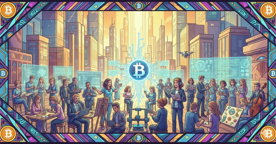 A vibrant, stained-glass framed illustration of a modern city where diverse creators use Bitcoin-integrated technology to paint, code, and play music in a new digital renaissance.