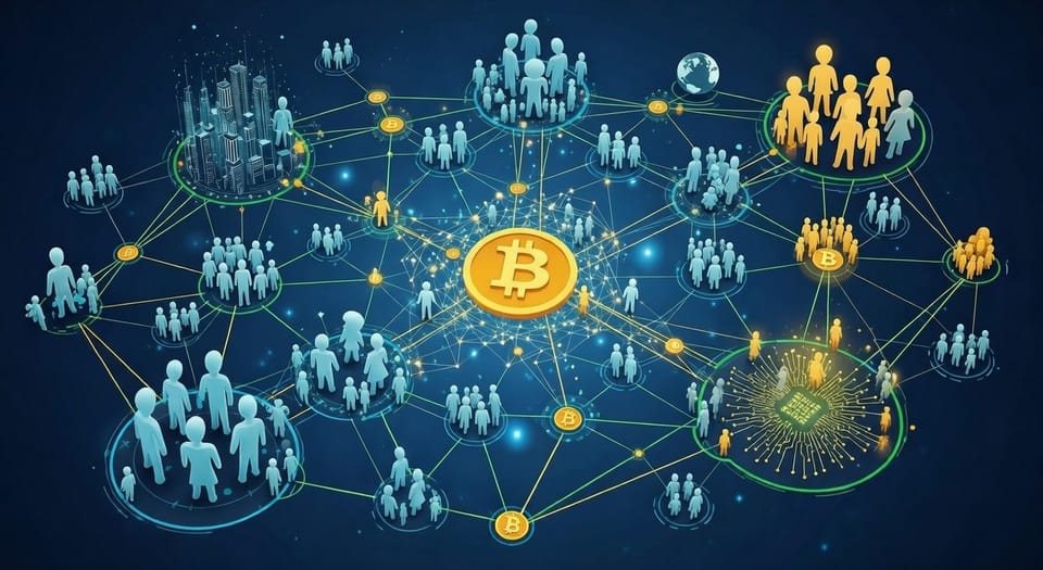 Stylized image of a network of people and Bitcoin